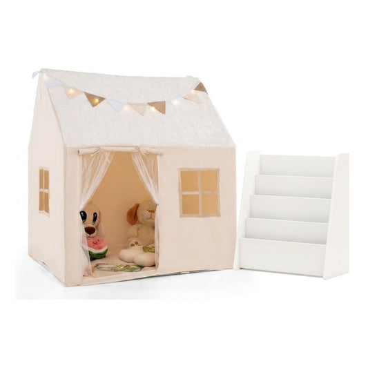 Kids Bookshelf & Toddler Playhouse Set with Glow Stars, a cream-coloured playhouse with a white bookshelf next to it