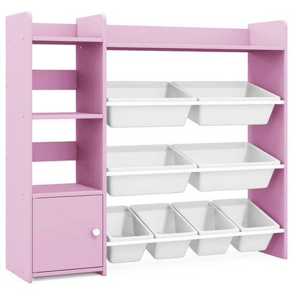 The pink toy storage organiser unit with open shelves and storage boxes