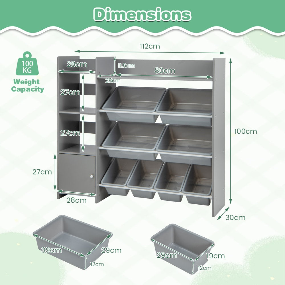 Dimensions diagram for the grey toy storage organiser with measurements
