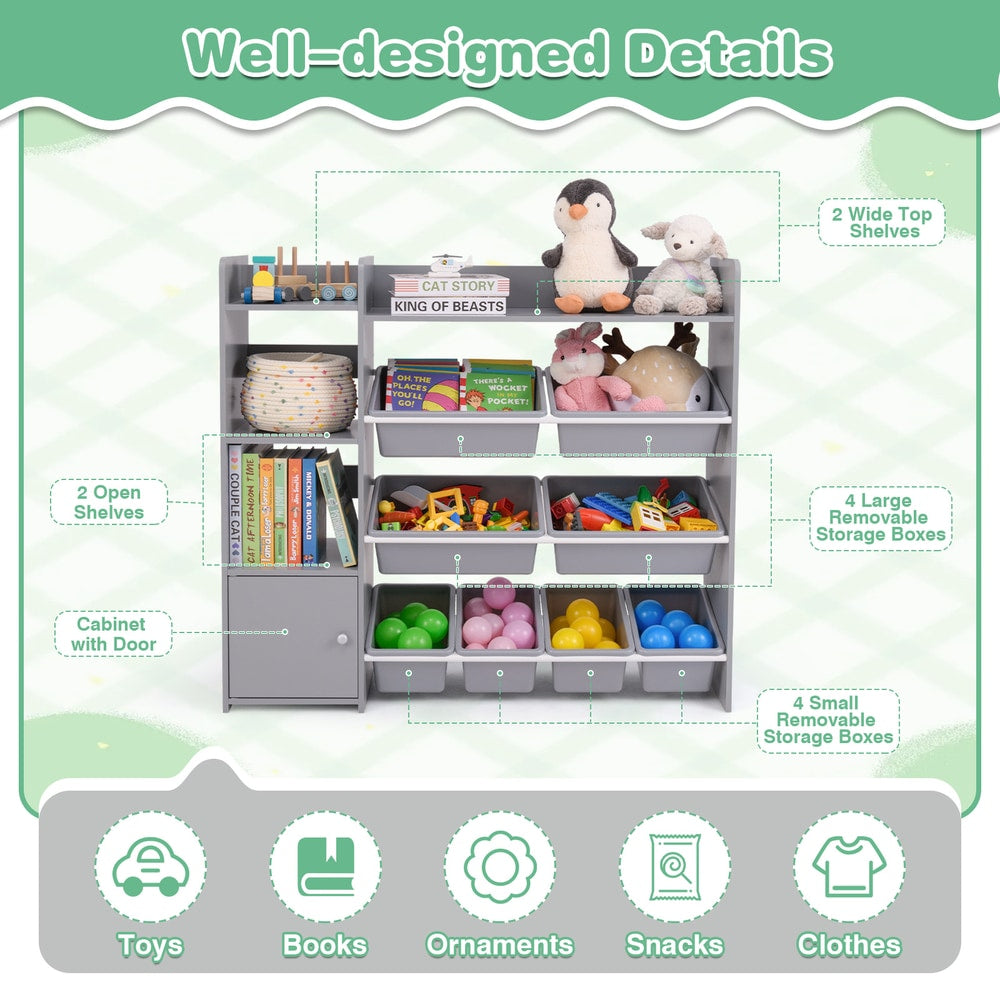 Grey toy storage organiser with labelled compartments for toys and books