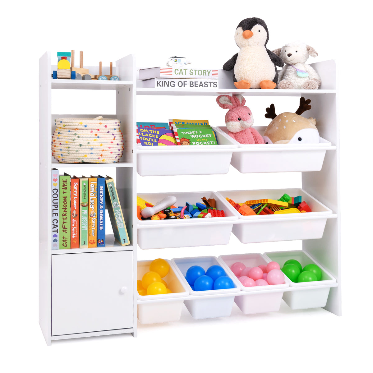 The white toy storage unit with books and stuffed animals on shelves