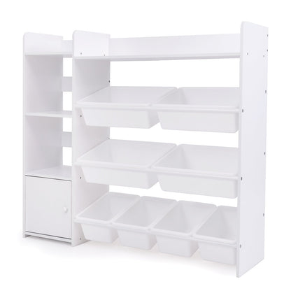 Kids Bookshelf Toy Storage Organizer with storage boxes and open shelves in white