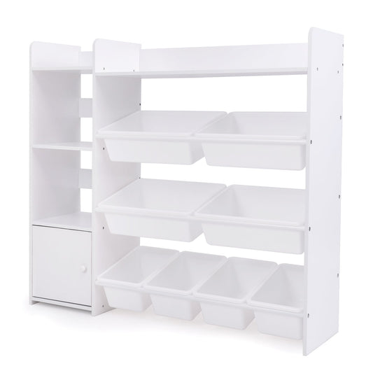 Kids Bookshelf Toy Storage Organizer with storage boxes and open shelves in white