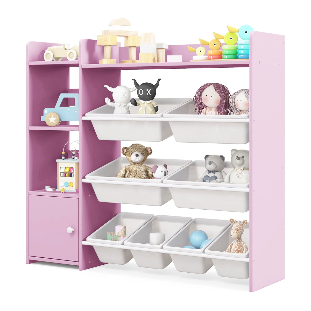 Kids Bookshelf Toy Storage Organizer with storage boxes and open shelves in pink