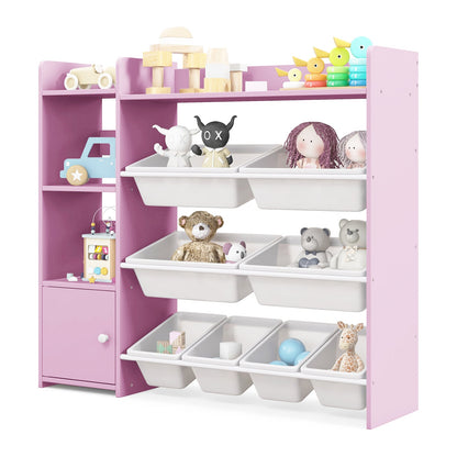 Kids Bookshelf Toy Storage Organizer with storage boxes and open shelves in pink