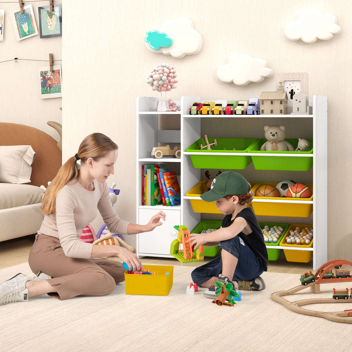 Mother and child tidying toys into the kids storage organizer in a bright room
