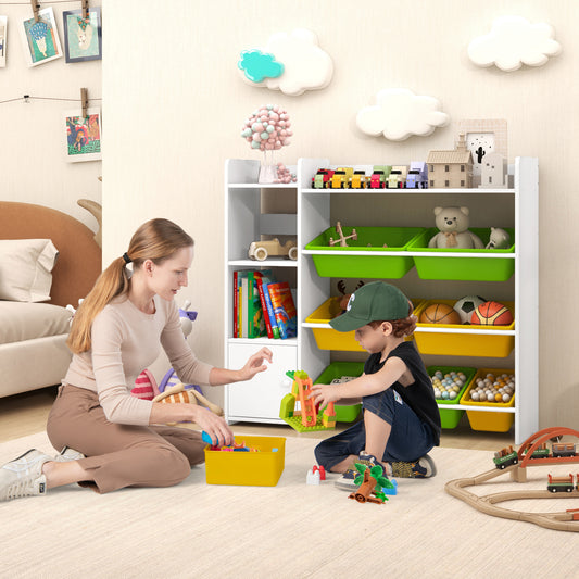 Mother and child tidying toys into the kids storage organizer in a bright room