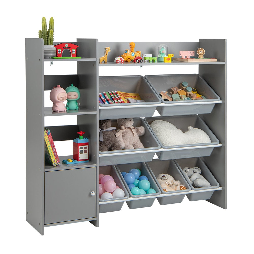 Kids Bookshelf Toy Storage Organizer with storage boxes and open shelves in grey