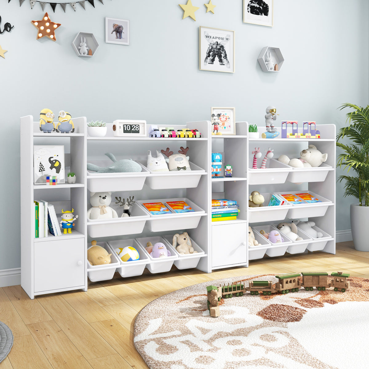 Two white kids storage units side by side in a child's bedroom