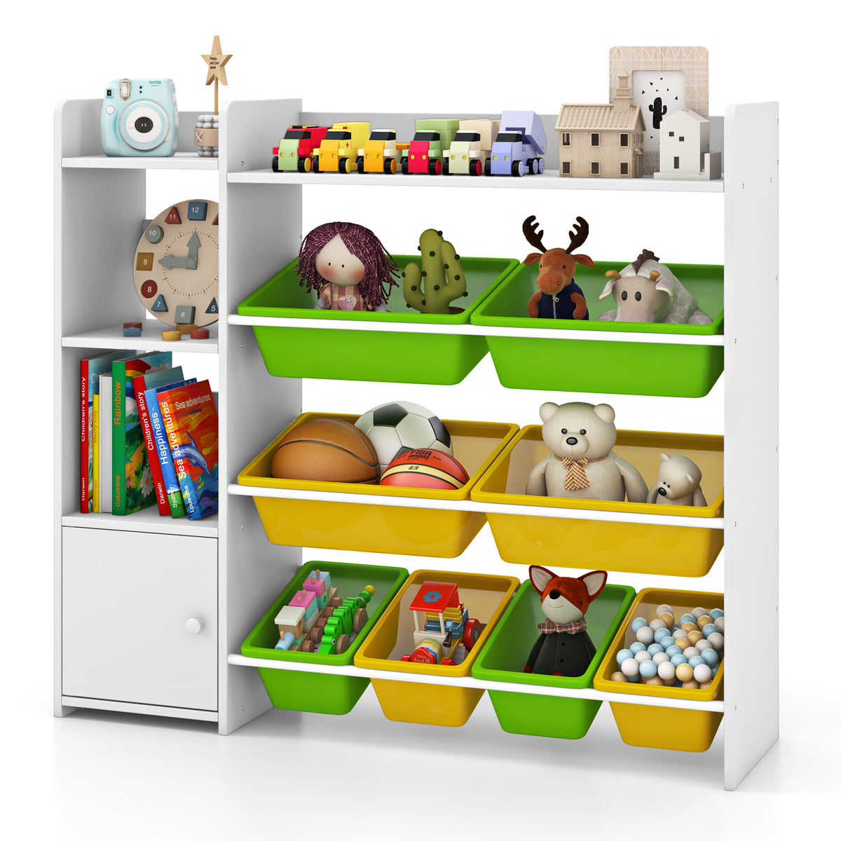 Kids storage organizer filled with toys and books on shelves and in boxes