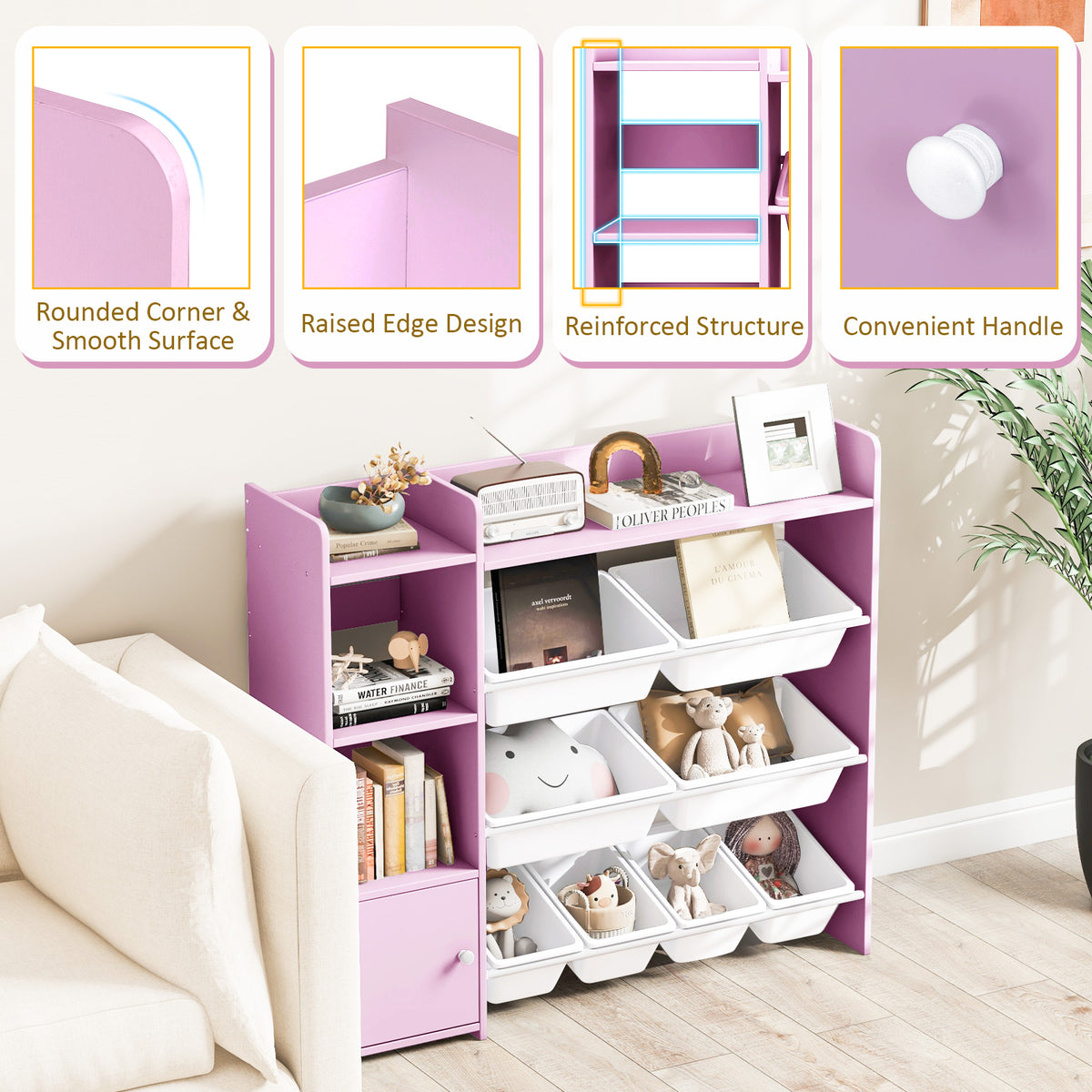 Close up details of the pink kids storage organiser's rounded corners and handle