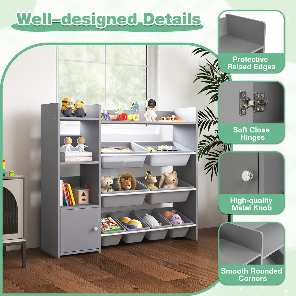 Close-up details of the grey toy storage unit, showing edges and hinges