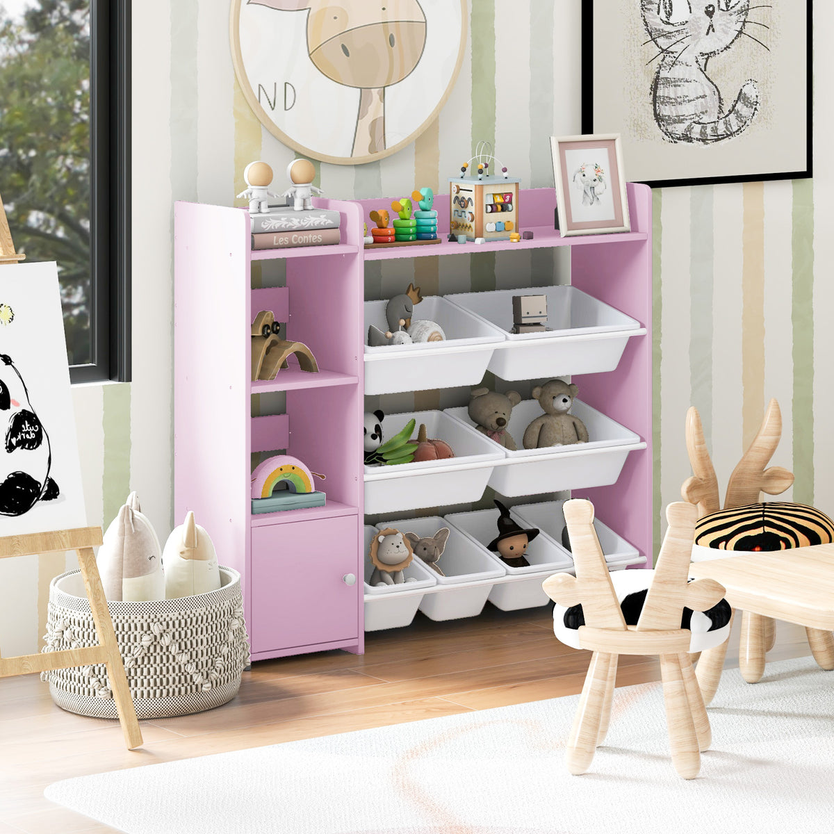 The pink toy storage organiser in a child's room with toys and decor