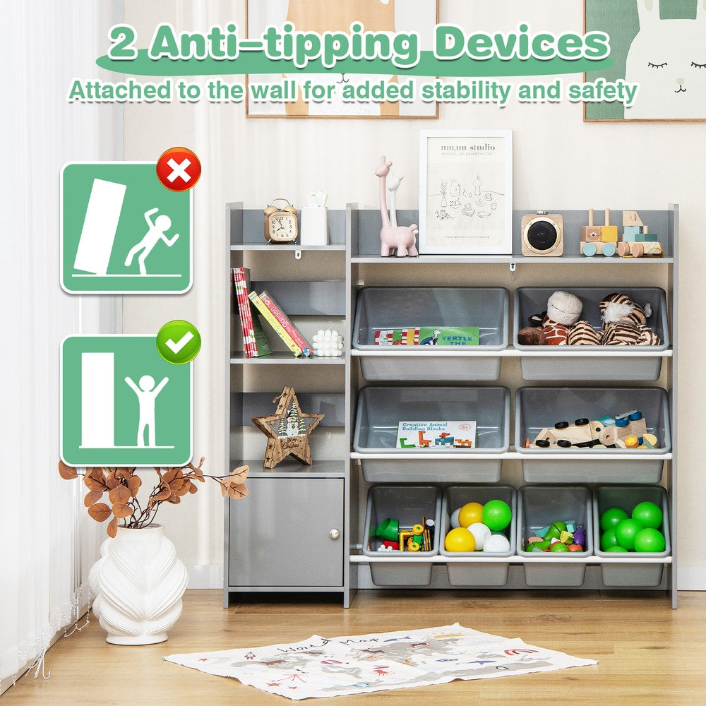 Grey toy storage organiser with anti-tipping devices shown