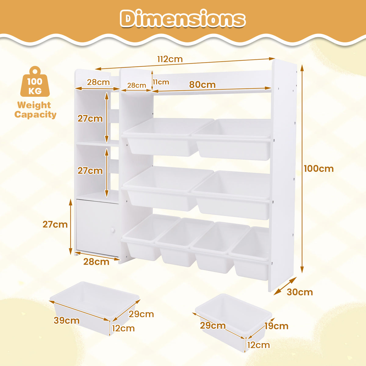 Dimensions diagram of the white kids storage unit with boxes