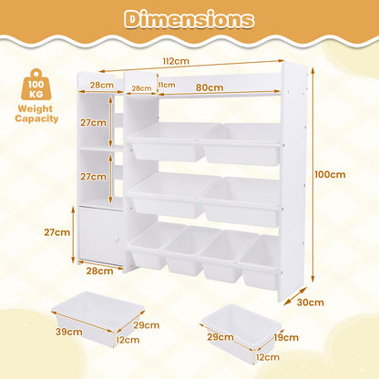Dimensions diagram of the white kids storage unit with boxes