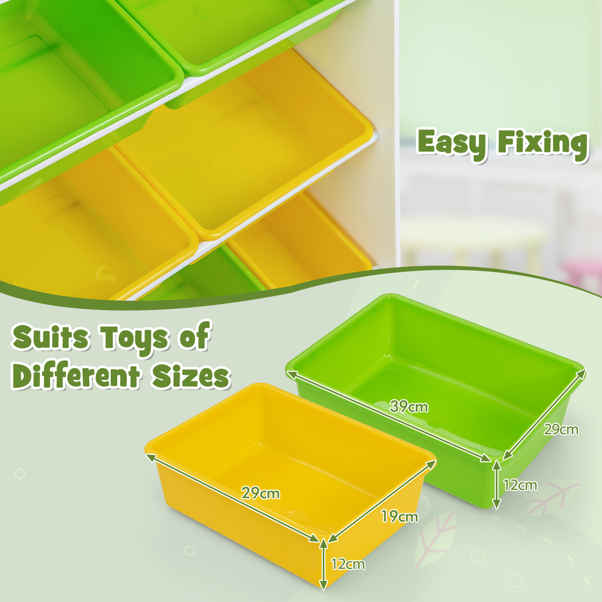 Close up of the storage boxes in green and yellow with dimensions shown