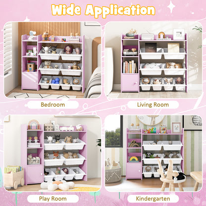 The pink kids storage organiser shown in various room settings