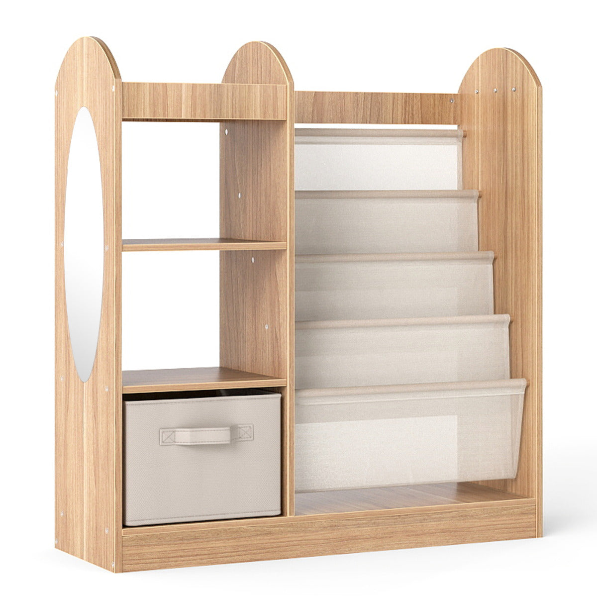 The natural wood kids bookshelf with mirror and sling shelves, empty