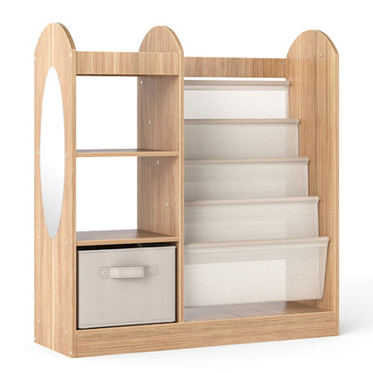 The natural wood kids bookshelf with mirror and sling shelves, empty
