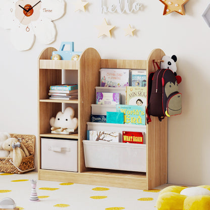 The kids bookshelf with mirror and sling shelves in a nursery room with toys and decorations