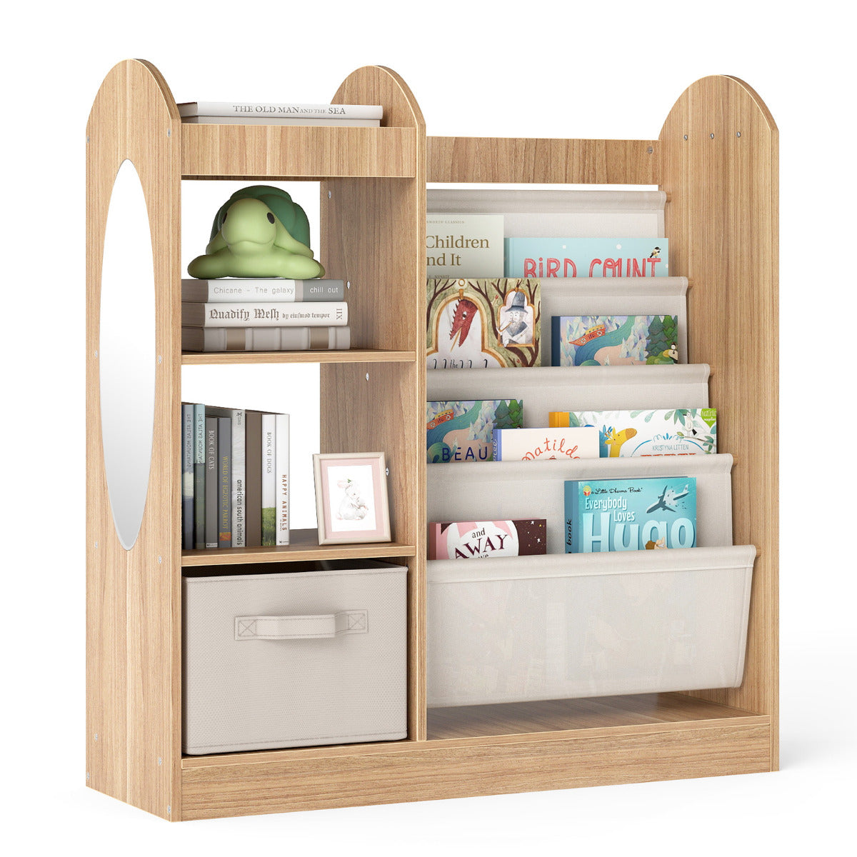 Kids Bookshelf with Full-Length Mirror and 4-Tier Sling Shelves in natural wood finish, showing books and a storage box