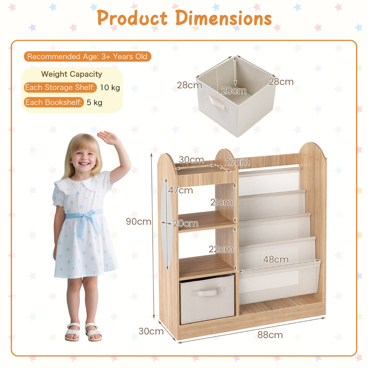 Product dimensions diagram for the kids bookshelf with mirror and sling shelves