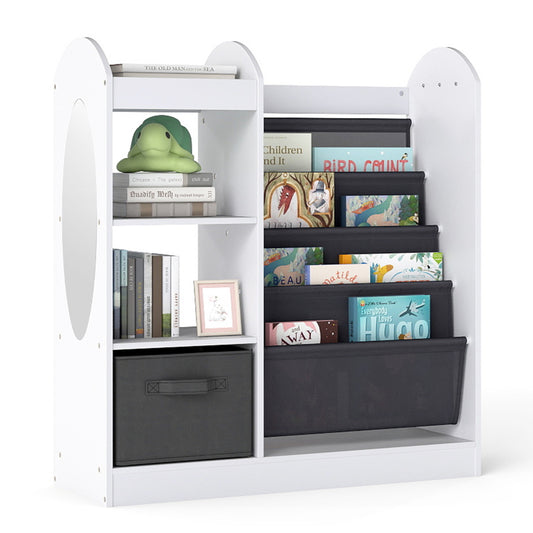 Kids Bookshelf with Full-Length Mirror and 4-Tier Sling Shelves in white with books and a storage box