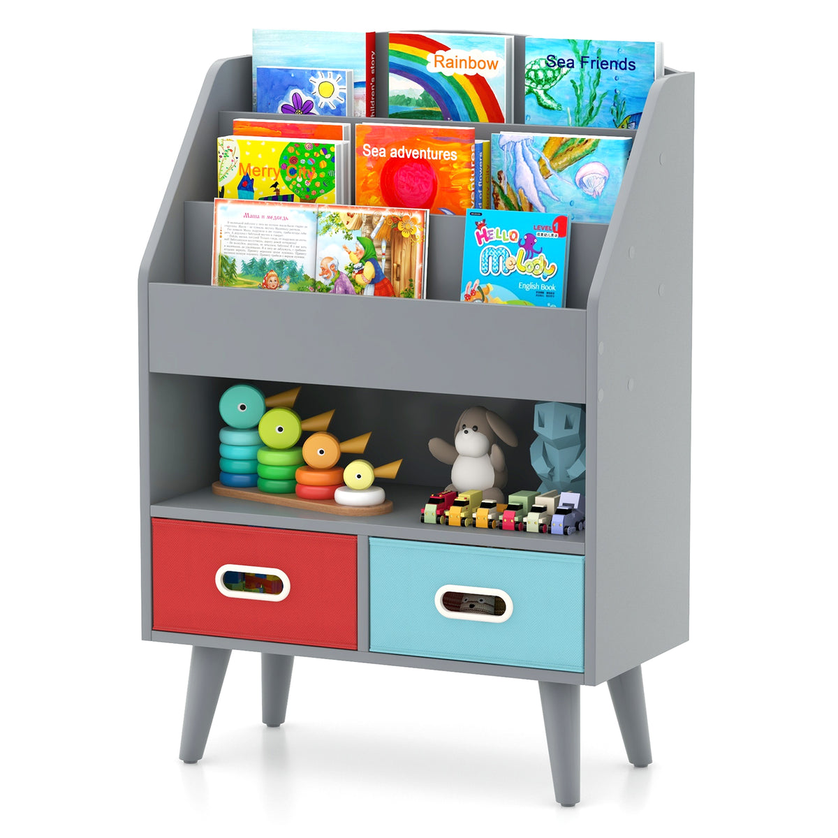 A grey wooden bookshelf filled with children's books and toys