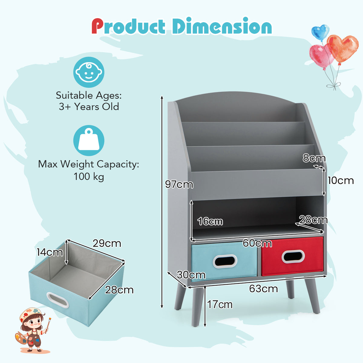 Product dimension diagram for the grey wooden bookshelf