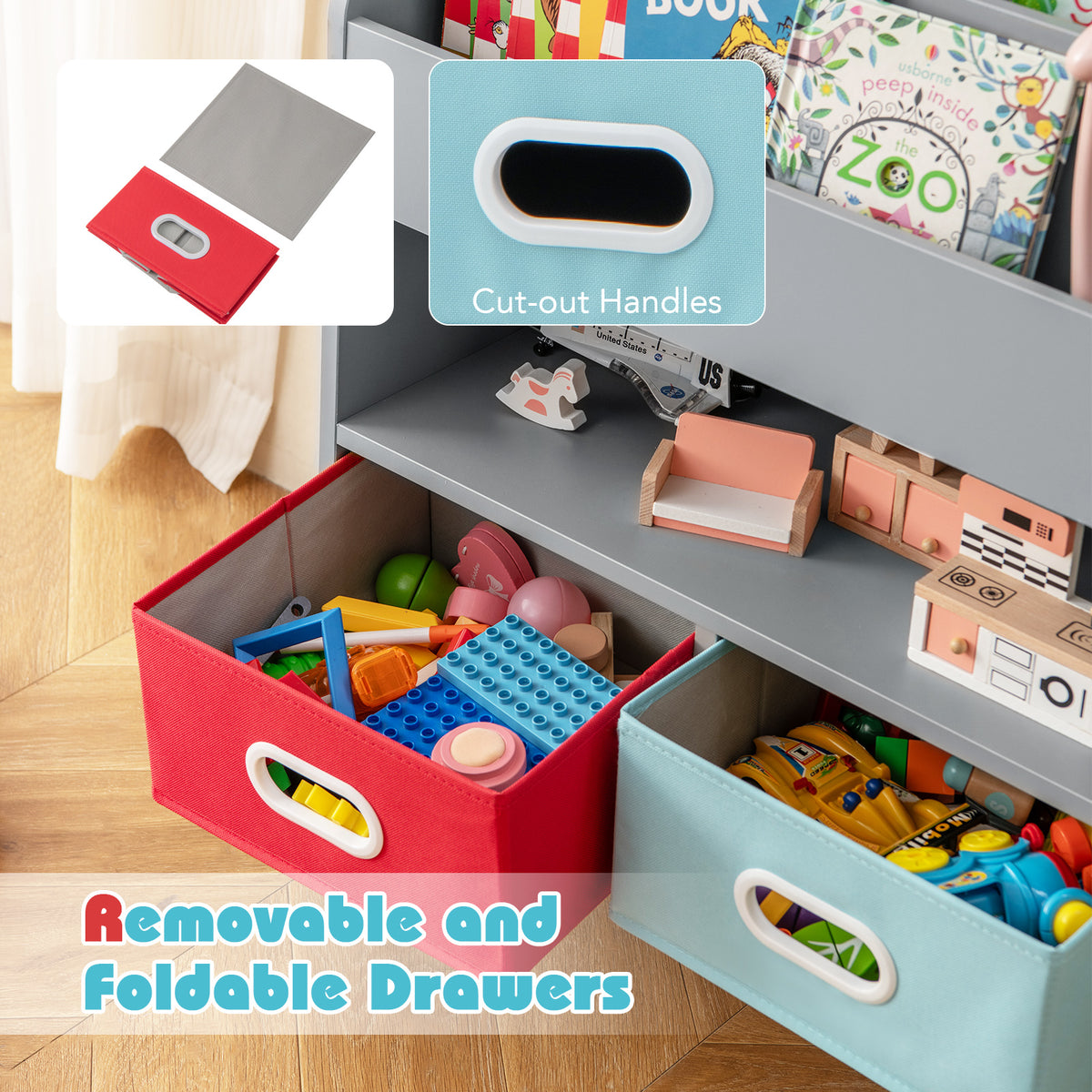 Close up of the removable fabric drawers on the grey wooden bookshelf