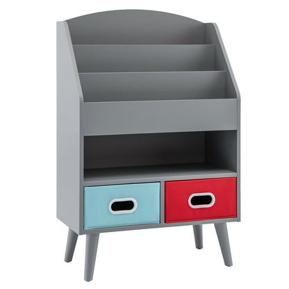 Kids Bookshelf Wooden Book Display Rack with 3-Tier Bookshelves-Grey, a grey wooden bookshelf with two fabric drawers