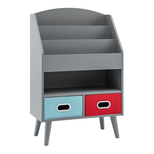 Kids Bookshelf Wooden Book Display Rack with 3-Tier Bookshelves-Grey, a grey wooden bookshelf with two fabric drawers