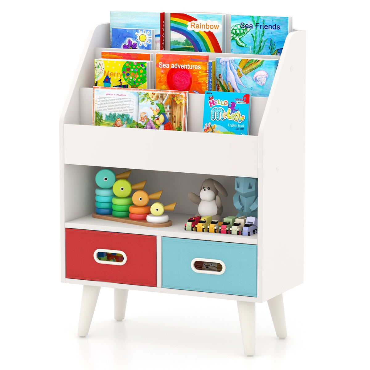The kids storage unit featuring three shelves of books and toys with two colourful drawers