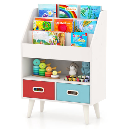 The kids storage unit featuring three shelves of books and toys with two colourful drawers