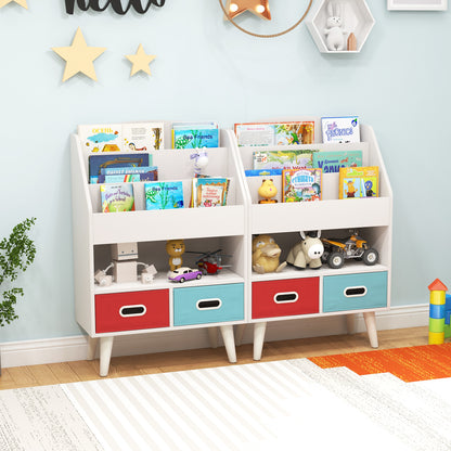 Two of the kids storage units placed side by side filled with books and toys