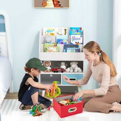 The kids storage unit in a room with a woman and child playing with toys and books