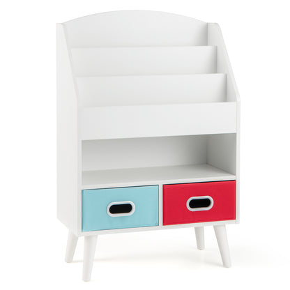 Kids Bookshelf Wooden Book Display Rack with 3-Tier Bookshelves in white with two fabric drawers