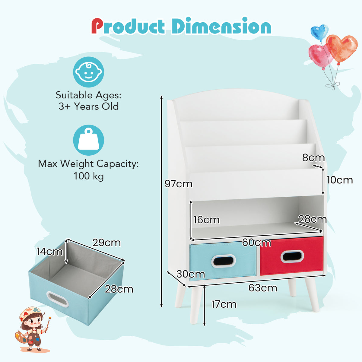 Kids Bookshelf Wooden Book Display Rack with 3-Tier Bookshelves in White