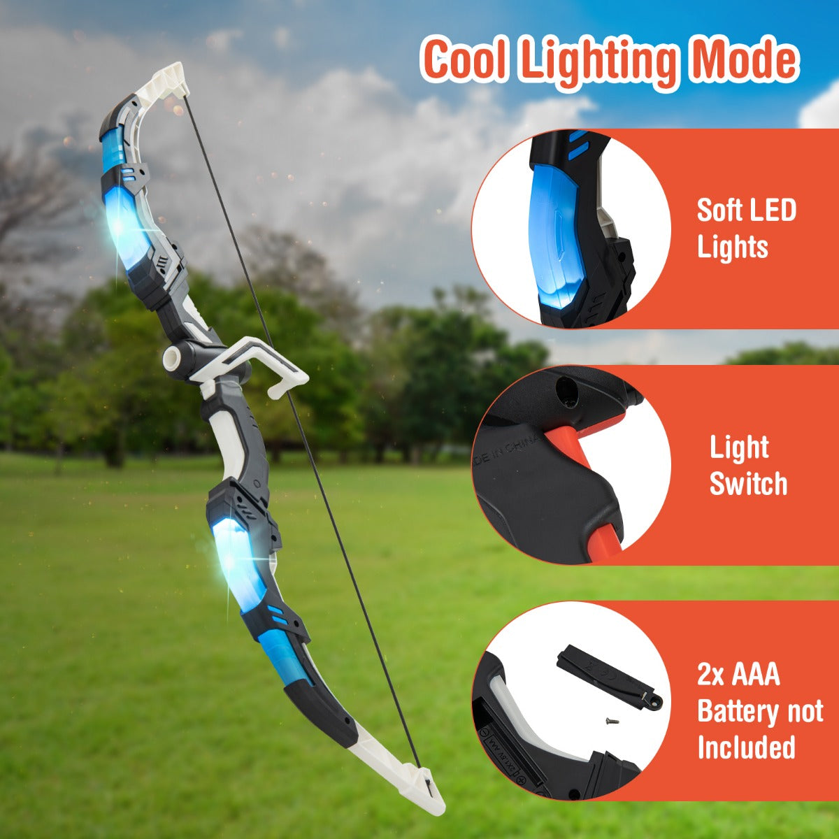 Kids Bow and Arrow Set, close up of the blue bow showing cool lighting mode and light switch detail