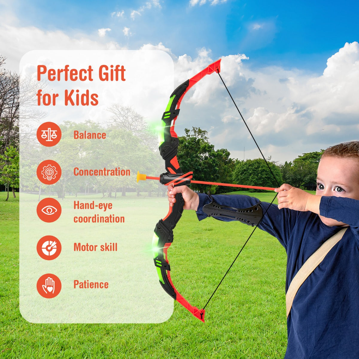 A young boy aiming the red bow and arrow set, highlighting benefits for kids