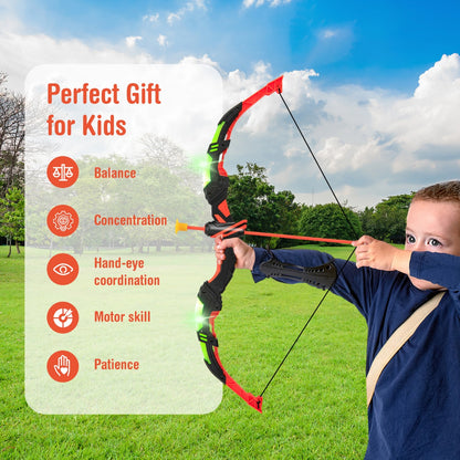A young boy aiming the red bow and arrow set, highlighting benefits for kids