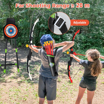 Kids Bow and Arrow Set, children playing with the archery set in a garden, showing the long shooting range