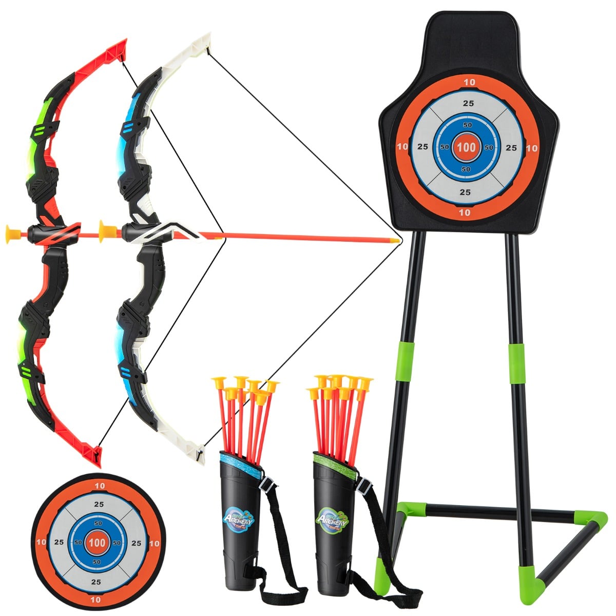 Kids Bow and Arrow Set with 20 Suction Cup Arrows, including two bows, a target with stand and two arrow quivers