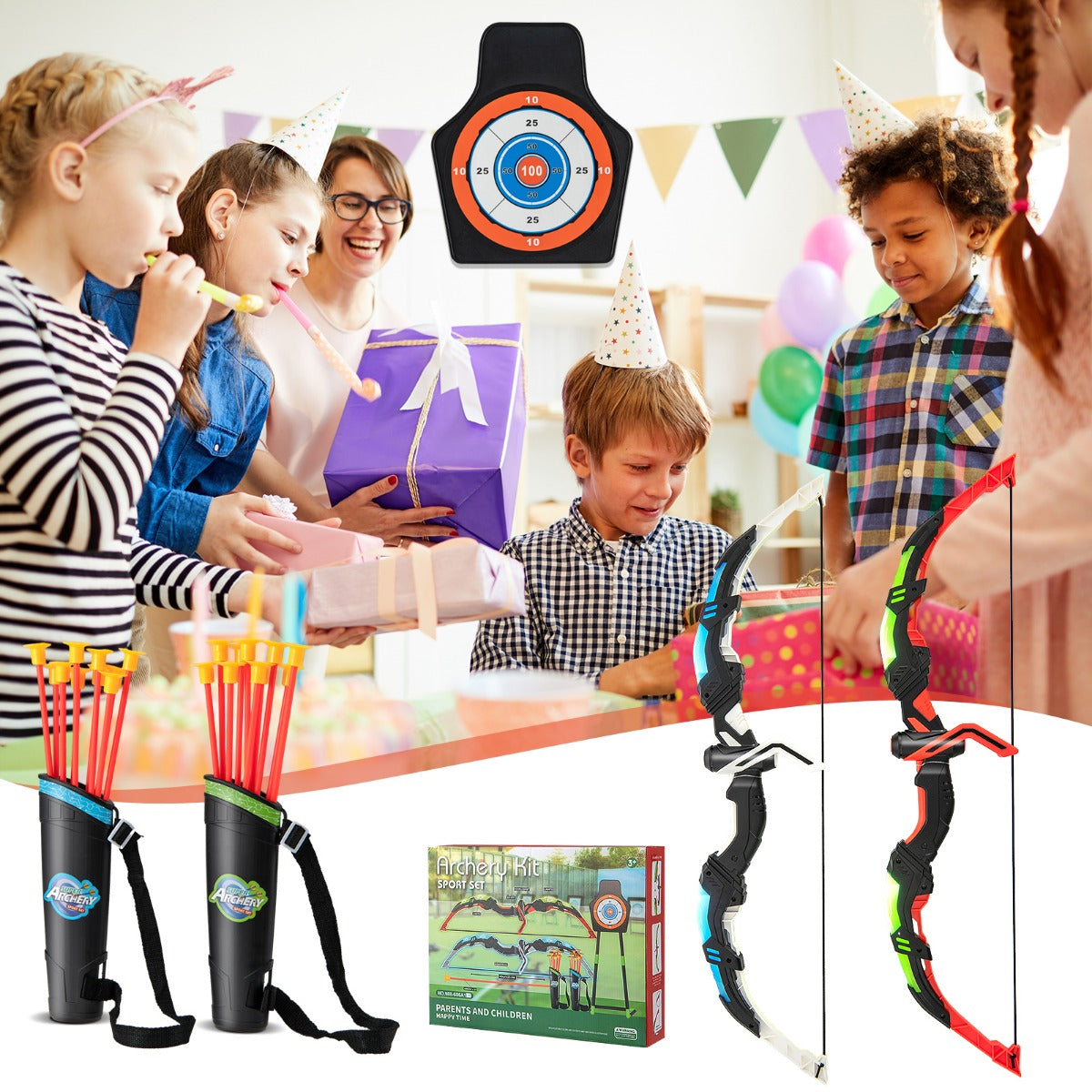 Kids Bow and Arrow Set, children at a birthday party with the archery set, showing bows, quivers and packaging