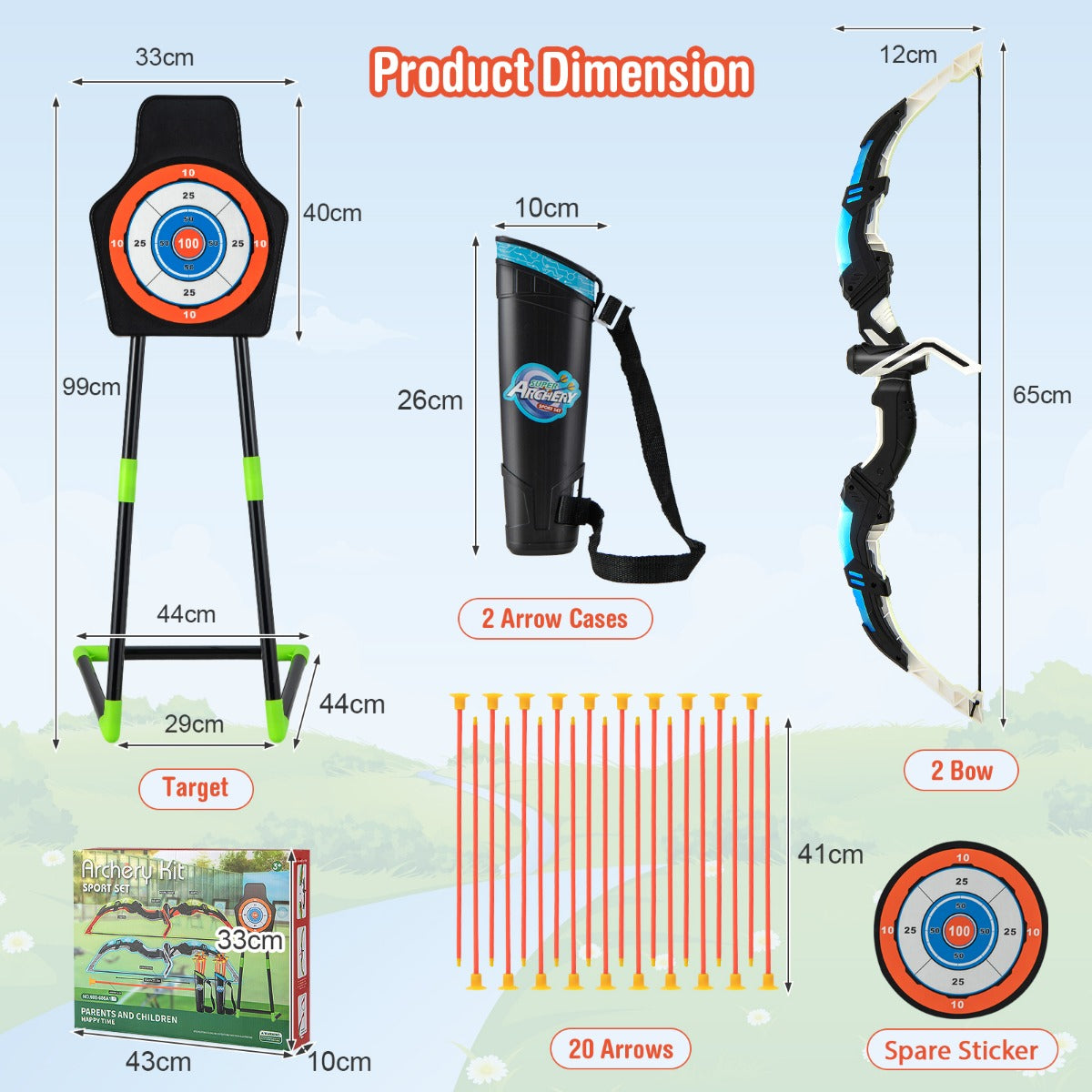 Product dimensions for the archery set, showing sizes of bows, target, quiver and arrows