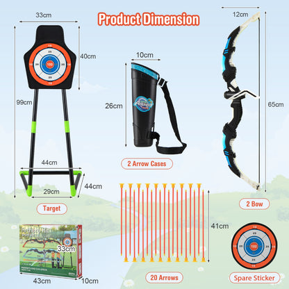 Product dimensions for the archery set, showing sizes of bows, target, quiver and arrows