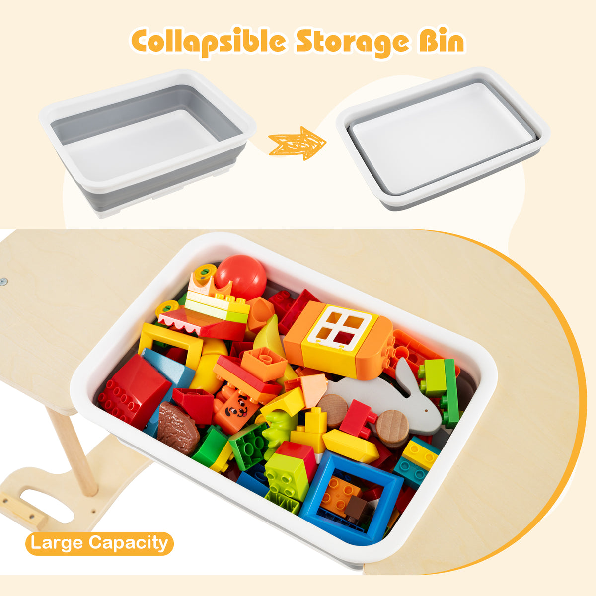 The collapsible storage bin shown in its open and collapsed states