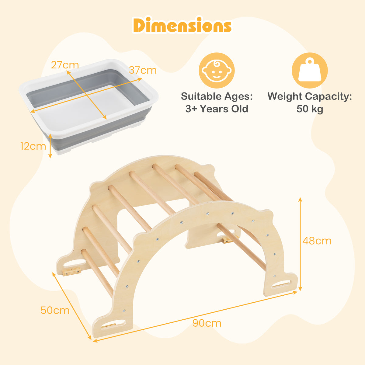 The climbing frame and rocker board with dimensions shown