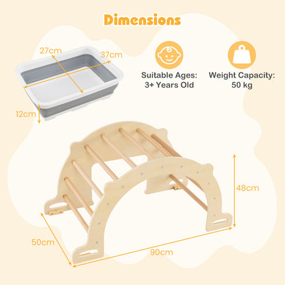 The climbing frame and rocker board with dimensions shown